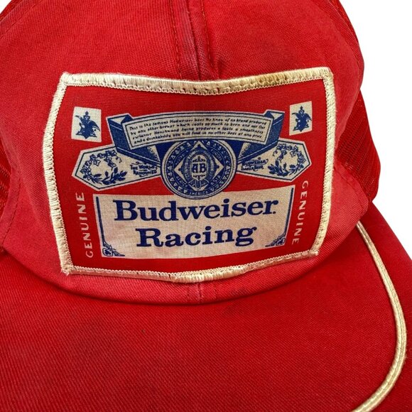 VTG Genuine Budweiser Racing Trucker Hat Red Mesh Snapback Patch Flat Bill USA - Picture 2 of 9